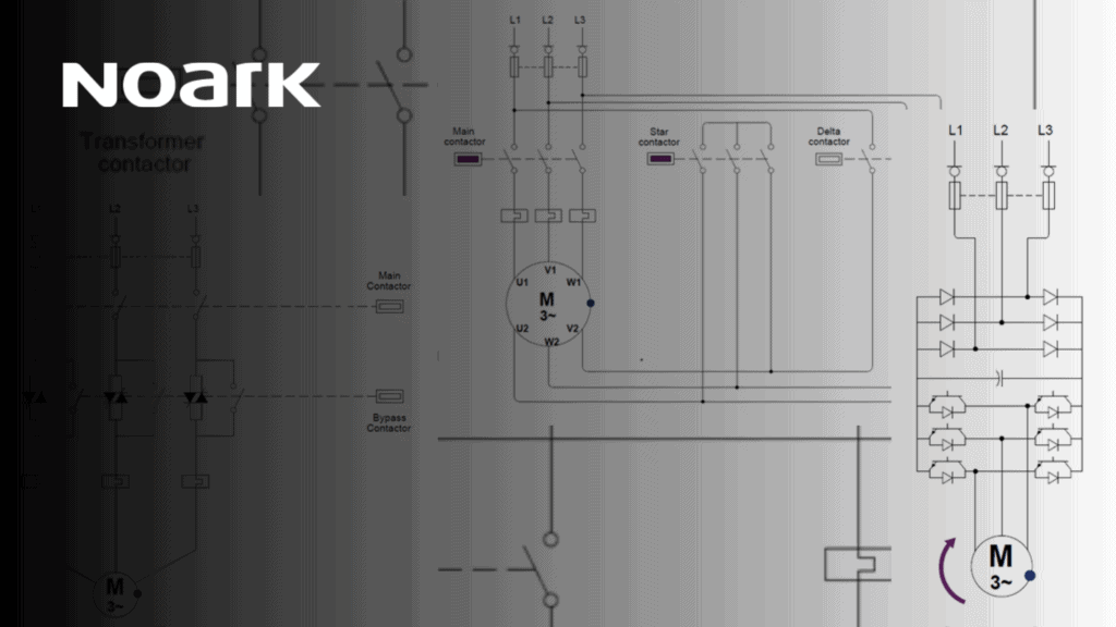 A technical diagram depicting the conceptual layout of electrical circuits, including components such as transformers, motor starters, and contactors. The Noark logo is prominently placed at the top left.