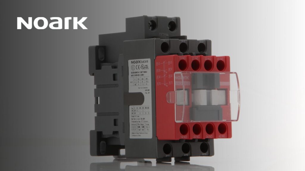 Red and black Noark electrical contactor with labeled buttons, complemented by advanced safety control relays, set against a reflective gray background featuring the Noark logo.