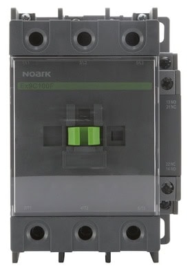 A grey electrical circuit breaker featuring a transparent panel and green switch, labeled "Noark" and "Ex9C100F," seamlessly integrates with contactors for enhanced performance.