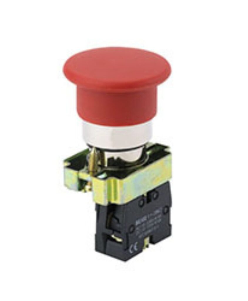 Red emergency stop button with a metallic base and black plastic mounting bracket, used for machinery safety control.