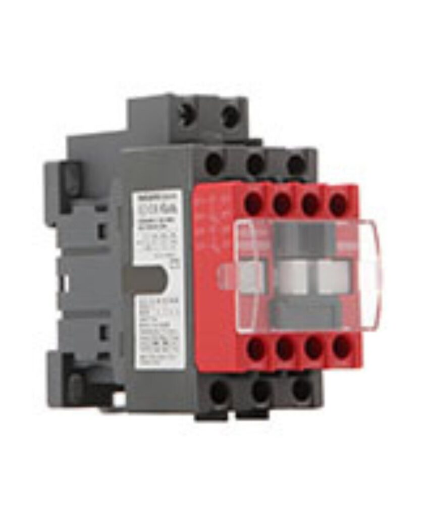 A gray and red electrical contactor with multiple connection points is pictured against a plain background.