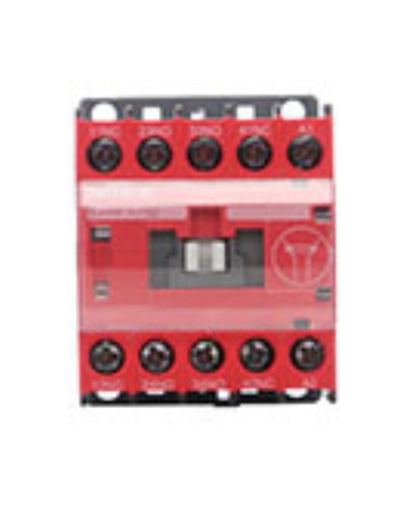 A red electrical relay with multiple terminals and a central switch, encased in a transparent cover.