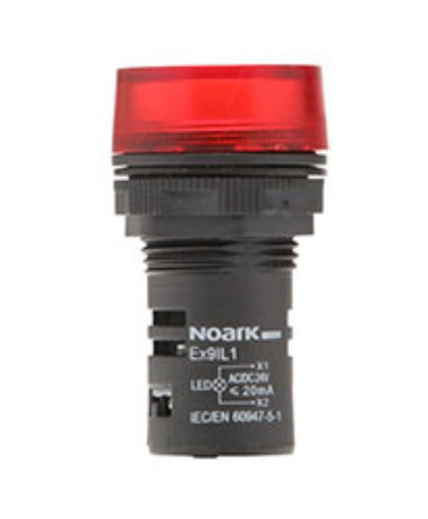 A red LED indicator light by Noark, model Ex9IL. It features black housing with technical specifications printed on it.