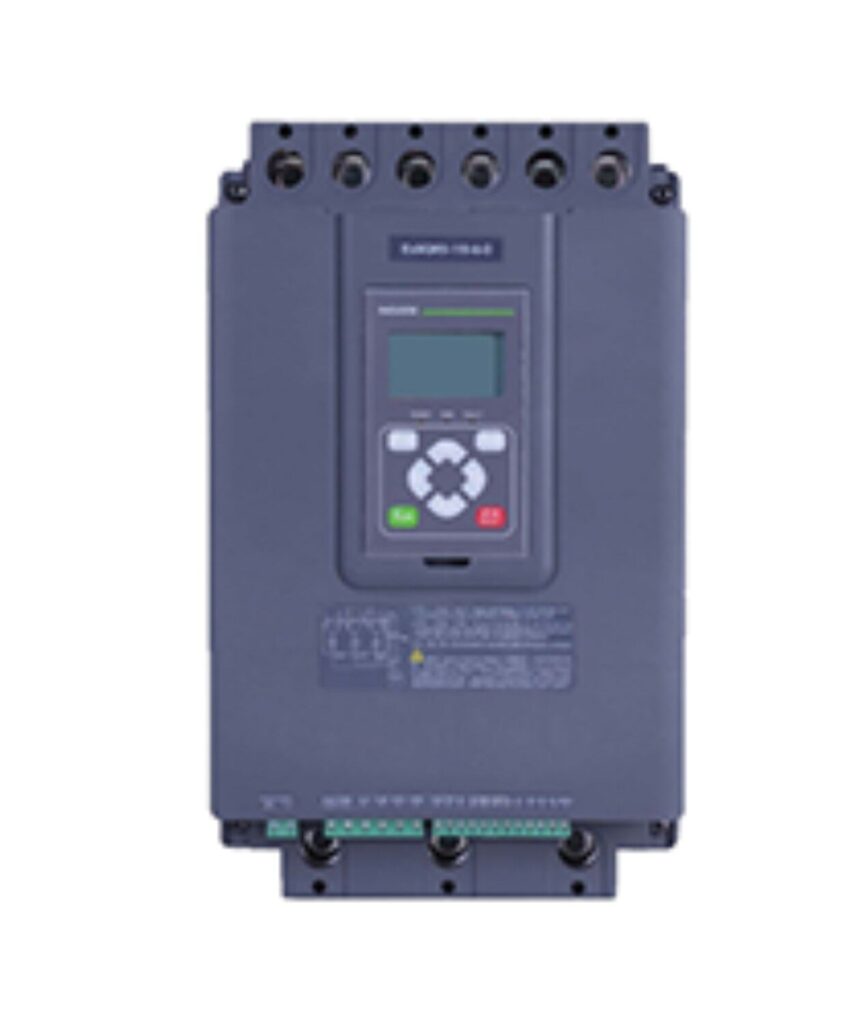A close-up of a black electronic device, possibly a variable frequency drive, featuring a small display and control buttons, with multiple connection points on the top and bottom.