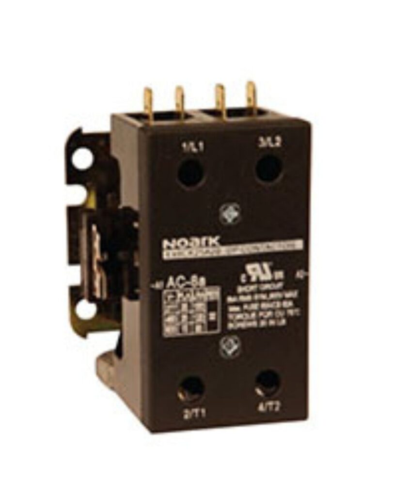 A black, rectangular electrical component with three brass connectors on top and labeled panel on the front, featuring text and diagrams.