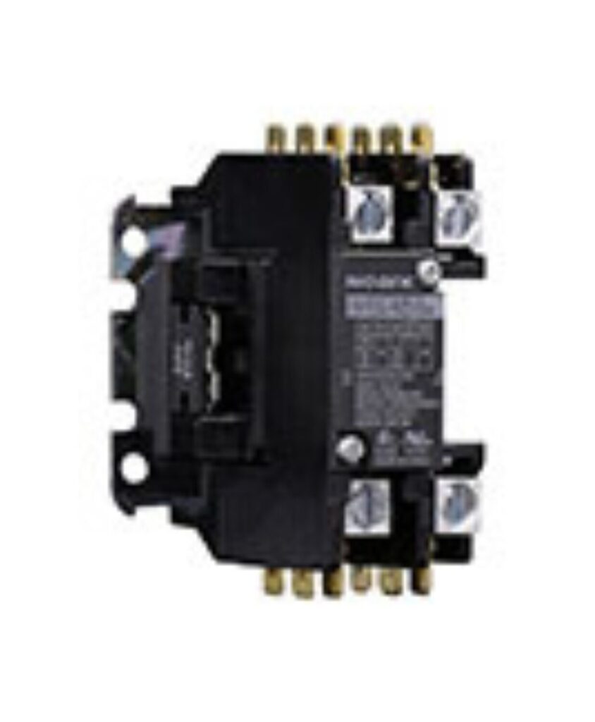 A black electrical contactor with multiple terminals and screws, used for switching an electrical circuit.