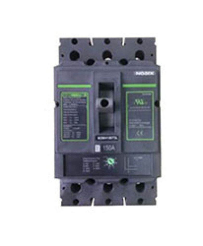 A black 150A circuit breaker with green accents; rectangular with labels and multiple connection holes; branded "NOARK.