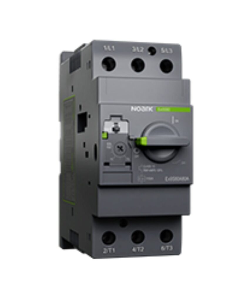 A gray industrial circuit breaker with a control dial and labeled connection points, set against a white background.