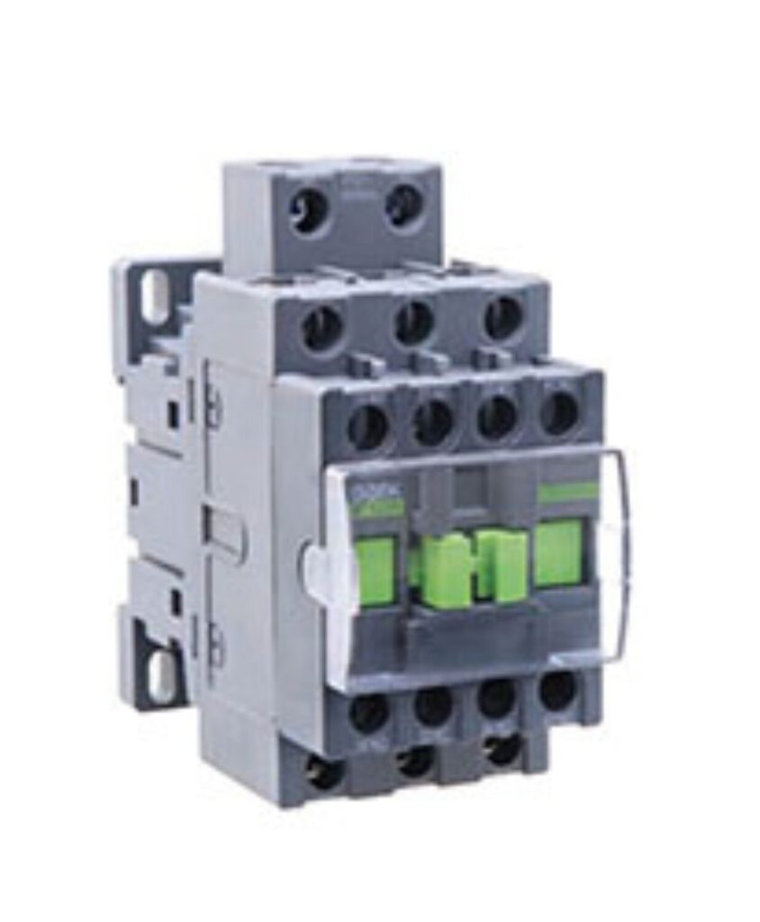 A gray electrical contactor with multiple connection points and two green tabs on the front face.