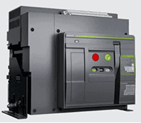 A black and gray electrical circuit breaker with a prominent red button and control switches on the front panel.