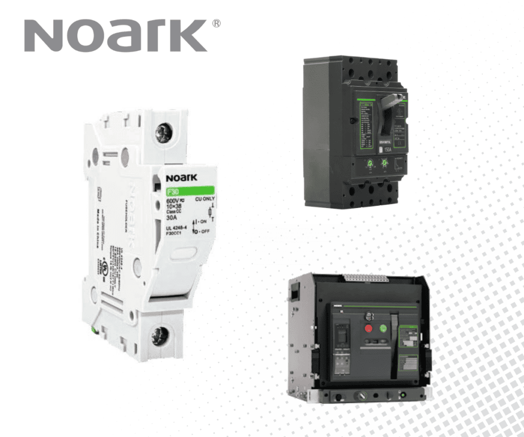 Three different Noark electrical circuit breakers are displayed, each in a separate quadrant against a dotted gradient background, with the Noark logo in the top left corner.