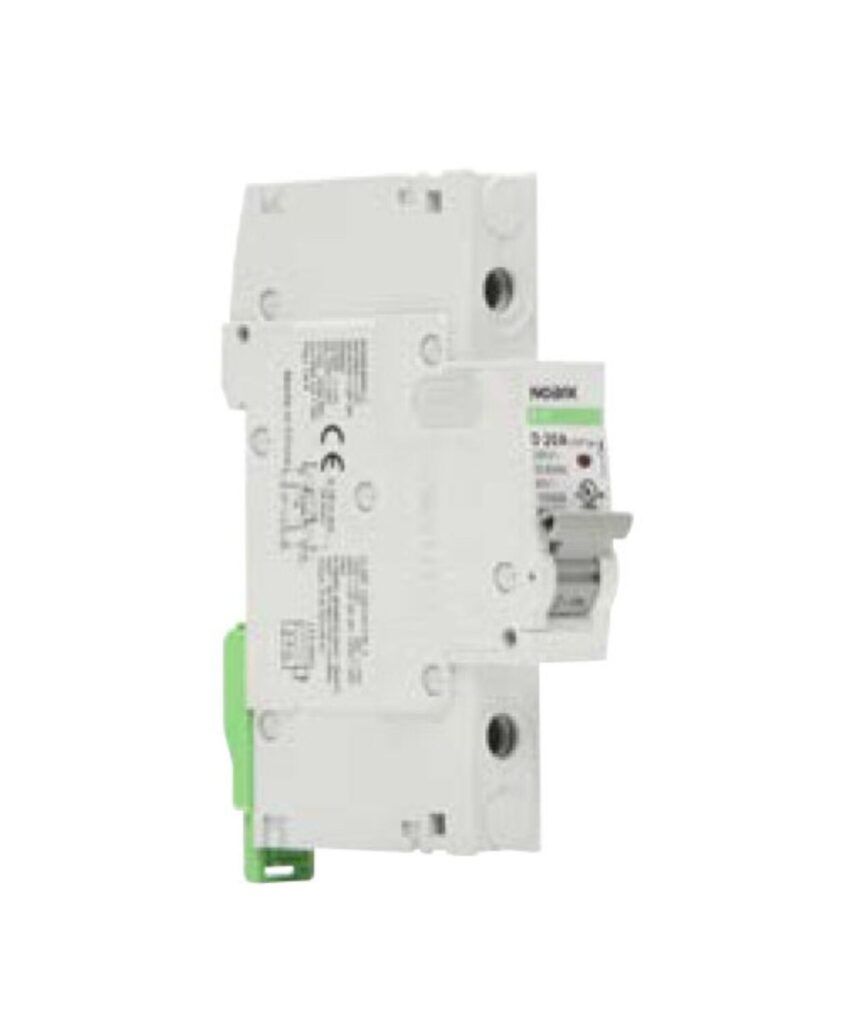 White circuit breaker with a green lever and labeled specifications, mounted on a white background.