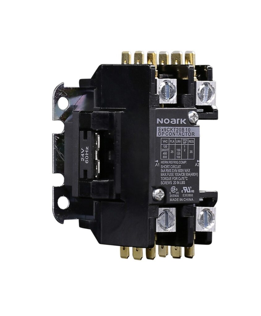 A black Noark contactor with visible screws and labels, used for electric circuit control.