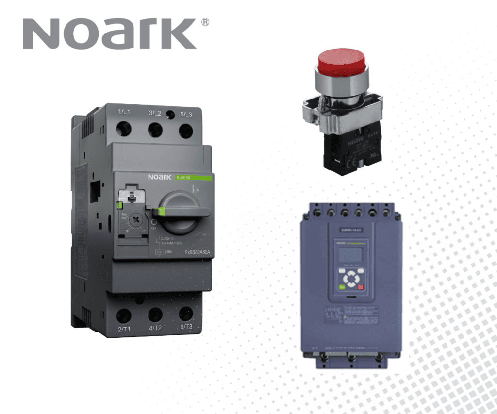 Three electrical components are shown: a gray circuit breaker, a red push-button switch, and a blue digital controller.