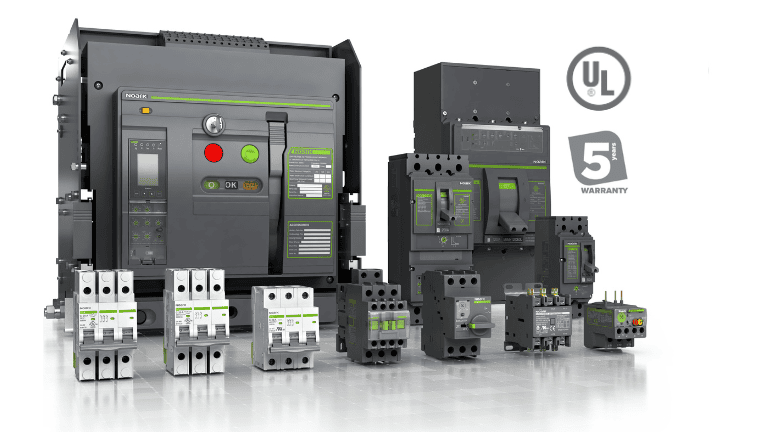 Electrical control components and low voltage circuit breakers are displayed with a UL certification symbol and a "5-year warranty" label, proudly showcasing the quality standards of a leading global manufacturer.