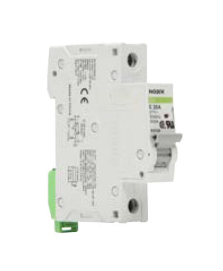 A white circuit breaker with labeling and toggle switch, shown from the side.