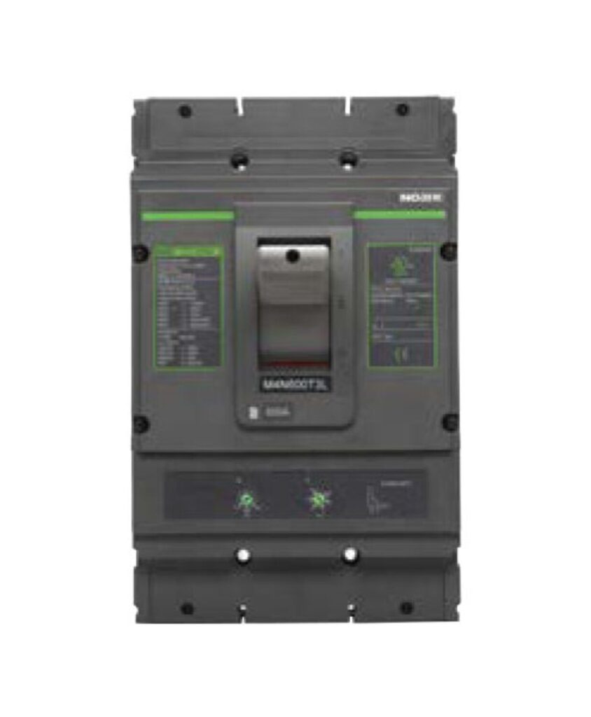 A gray circuit breaker with labeled switches and indicators in a vertical position.