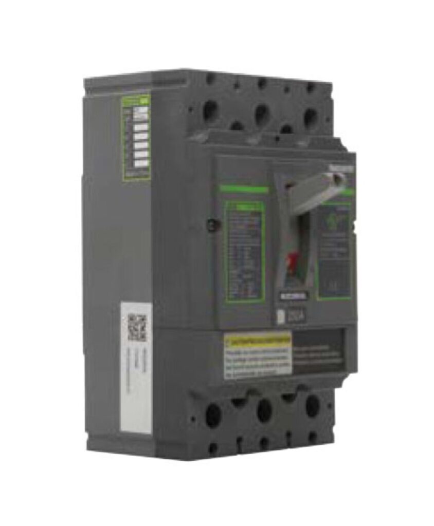 A gray electrical circuit breaker with a switch and labels on its front panel, featuring multiple screw holes for installation.