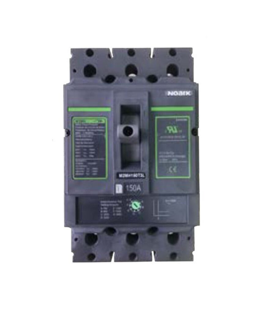 A black and green electrical circuit breaker with labeled gauges and a 150A rating. It has multiple holes for mounting.