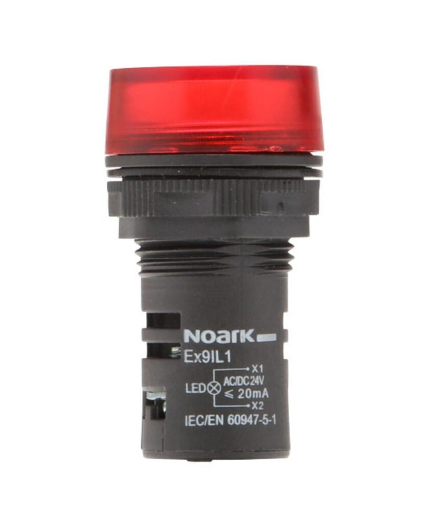Red indicator light with black base labeled "Noark" and model number "Ex9IL1." It displays technical details like voltage and standards.