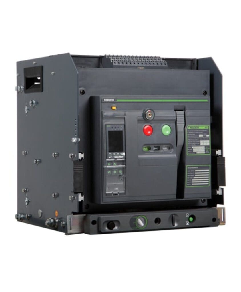 Black circuit breaker panel with buttons and indicators on the front. It features a digital display and various switches for control and status monitoring.