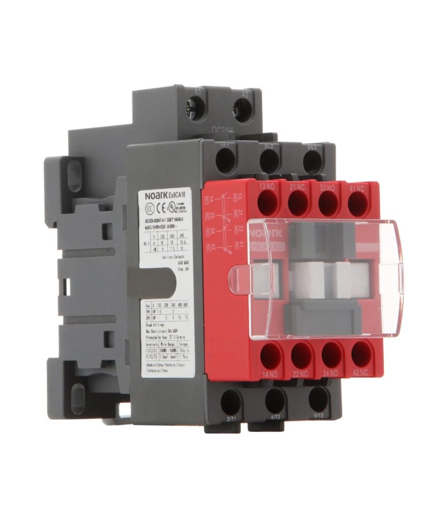 Red and gray electrical contactor with multiple connection points and a label displaying technical specifications on the side.