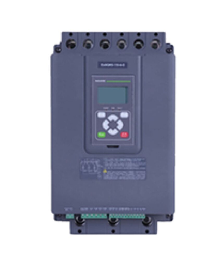 A gray industrial electronic device with a digital display, buttons, and several connection ports on top and bottom, set against a white background.