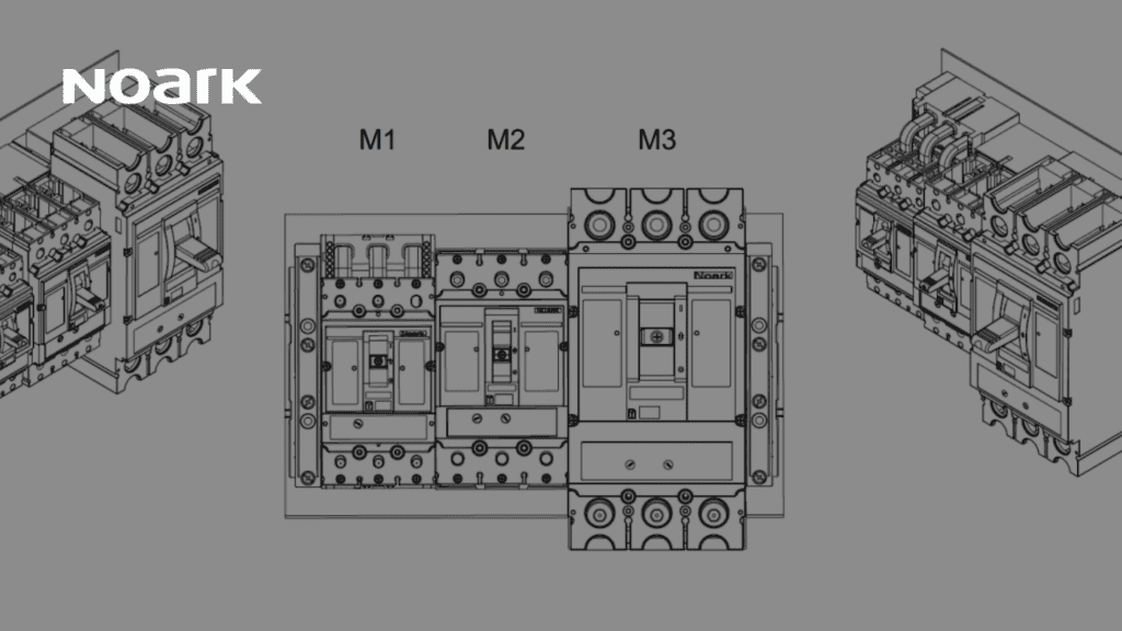 A technical diagram displays three electrical components, M1, M2, and M3, alongside their detailed internal structures. The brand name "Noark" graces the top left corner, while a Busbar Adapter is prominently featured within the layout.