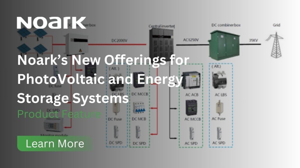 Advertisement showcasing Noark's photovoltaic and energy storage systems, complete with product images and a detailed system diagram. Discover how our advanced circuit breakers enhance safety. Text invites you to learn more.