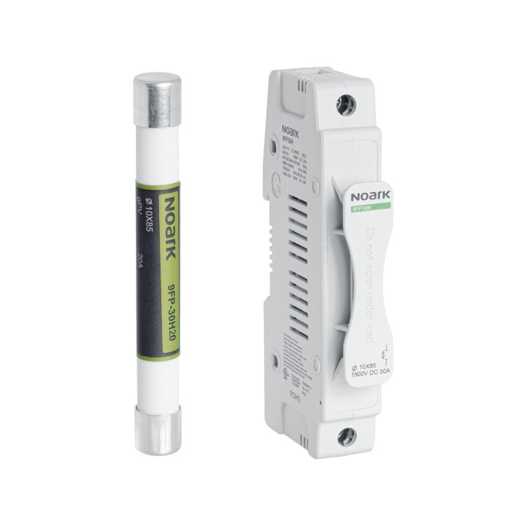 A Noark fuse and fuse holder, featuring the 9FP model, are displayed side by side. The SPP-30/920 labeled fuse complements the holder, which is marked with ON/OFF switch indications and specifications for seamless integration and safety.