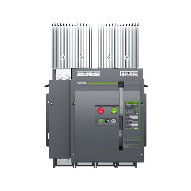 An ASD16 panel showcases a gray facade featuring two prominent buttons, red and green, on a sleek surface. Silver fins grace the top for heat dissipation, while integrated DC disconnect switches enhance its functionality and safety.
