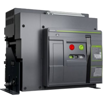 A black and gray ASD25 circuit breaker with green and red indicator lights, featuring various buttons and a lever on its front panel, exemplifies the precision found in DC disconnect switches.