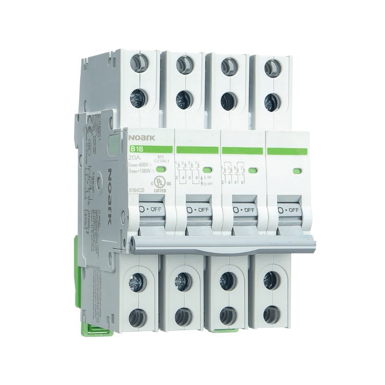 Four-pole circuit breaker with ON/OFF switches, labeled "NOARK B1B," rated for 20A and 400V.