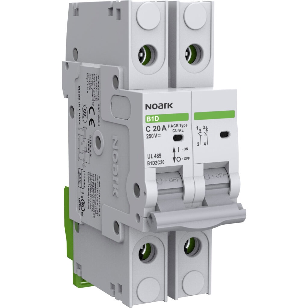 A Noark circuit breaker with two switches, labeled C 20 A, 250V. It includes off/on toggles and various technical specifications printed on its surface.