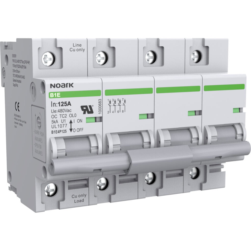 A white electrical circuit breaker with four switches, labeled "NOARK" and specifications including 125A, 480Vac, and UL certification.