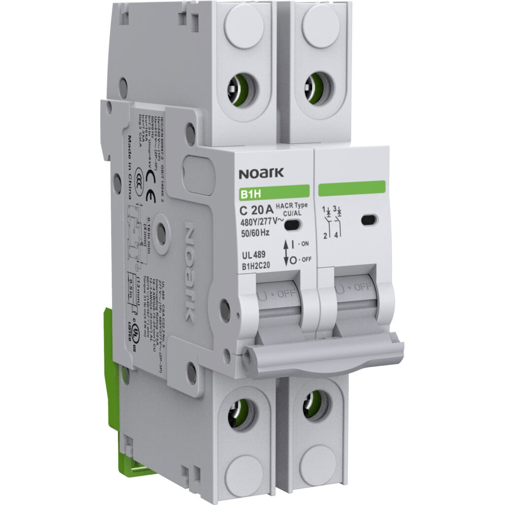 Circuit breaker with green accents, labeled "Noark B1H." It features dual toggle switches and technical specifications printed on the side.