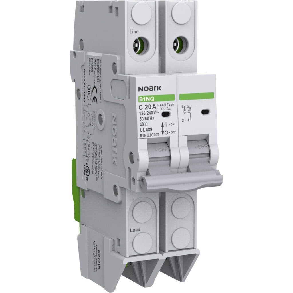 Circuit breaker with dual switches and label markings, labeled "NOARK" and "B10," showing line and load connections, safety instructions, and specifications.