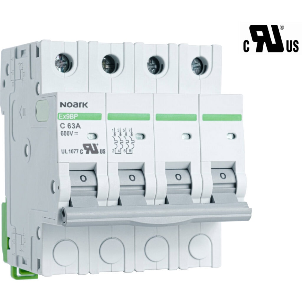 A four-pole circuit breaker labeled "NOARK" with a C63A rating for 600V, featuring a UL 1077 certification mark.