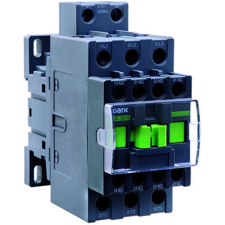 A gray electrical contactor from the Ex9C Series features multiple connection ports and green switches on the front, optimized for compatibility with overload relays.