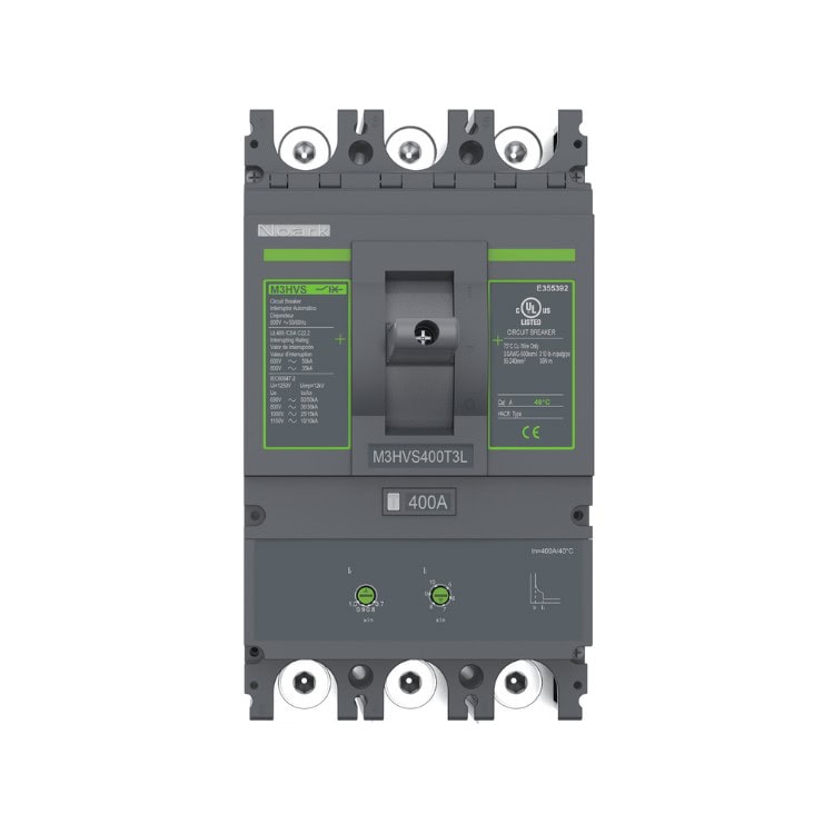 Gray circuit breaker with green labels, part of the Ex9MHV Series, labeled M3HVS400T3L and rated at 400A. Features include switches, buttons, and connection points.
