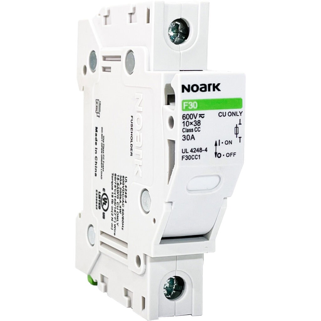 The Noark F30 circuit breaker, designed for photovoltaic systems, features clear specifications such as 600V and 30A with an ON/OFF switch. Made in China.