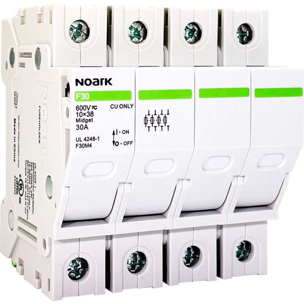 A Noark F30 circuit breaker with four switches, labeled for 600V, 10x38 midget, 30A. It includes On/Off markings and has green accents with a circuit diagram.