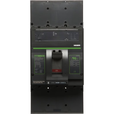 A black industrial circuit breaker with green accents and visible labels. The switch is in the "ON" position.
