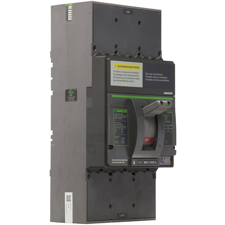 The Ex9MD Series gray industrial circuit breaker features a switch labeled "ON" and "OFF" in red and green. Its front panel displays various labels and instructions, ensuring ease of use and safety.