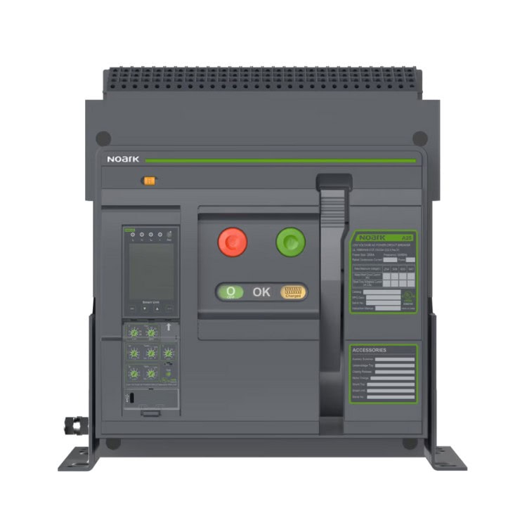 Front view of a NOARK A25 Series power circuit breaker panel, featuring control buttons, switches, and informational labels on a grey rectangular box.