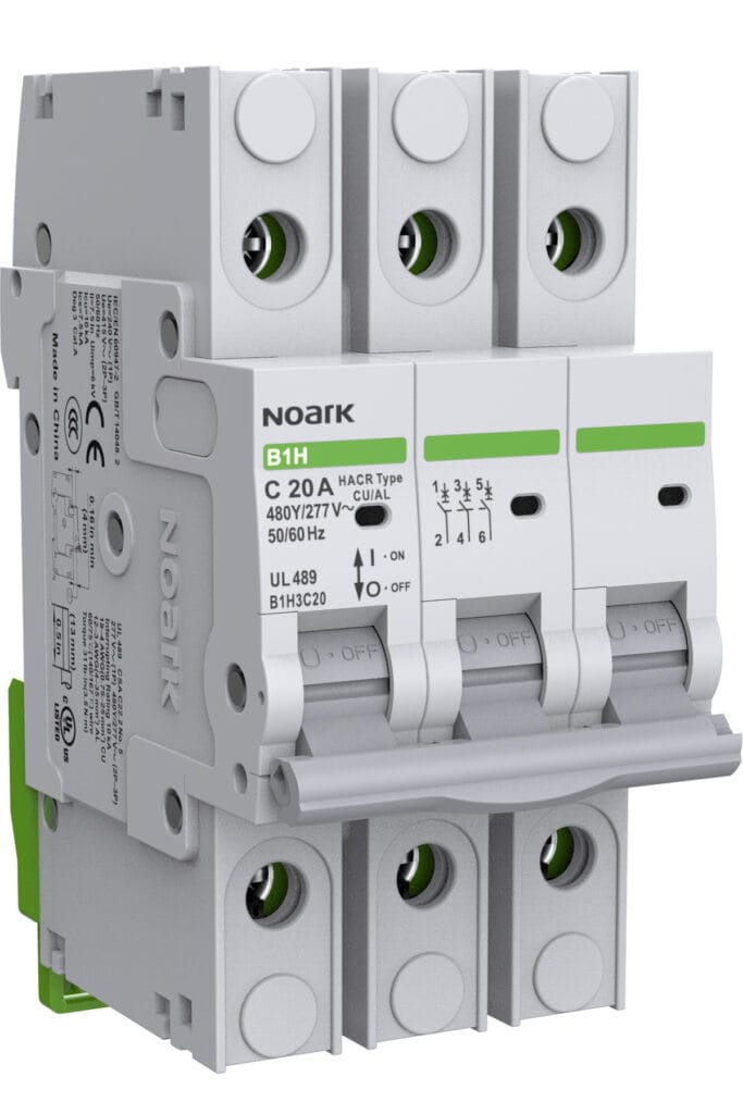 A three-pole circuit breaker labeled "Noark B1H" with a C 20 A rating, displaying on/off switches for each pole.