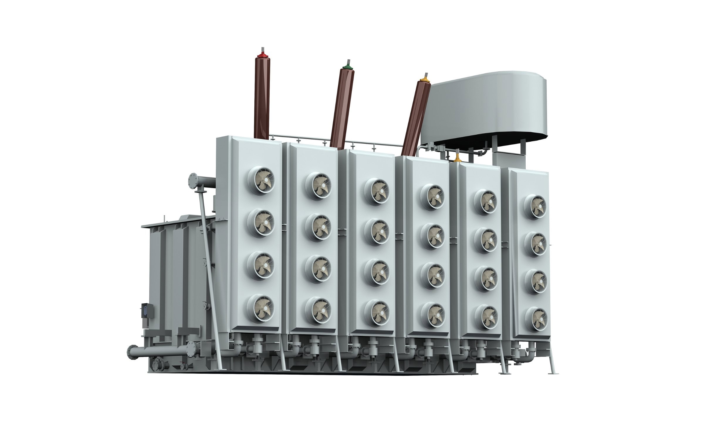 Large industrial electrical transformer with multiple cylindrical components, three vertical insulators on top, and an overhead casing on the right side.
