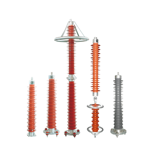 Five red and gray electrical insulators of varying heights and designs stand against a white background, playing a crucial role in power distribution systems.