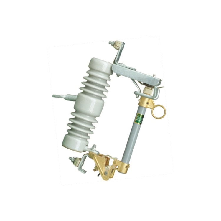 A gray and white electrical power-line fuse cutout with insulator, designed for circuit protection in power distribution, featuring metallic components and a circular handle.