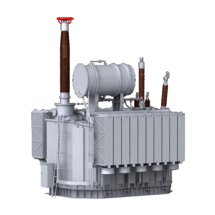 A large industrial transformer equipped with cooling fins, bushings, and a ladder, expertly designed for electricity distribution and power transmission.